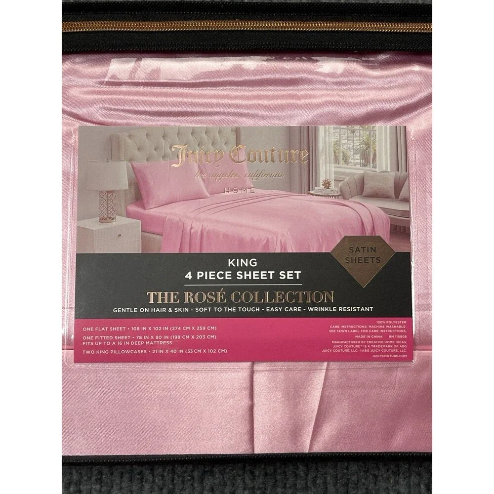 Juicy Couture The Rose Collection KING 4 Piece Satin Sheet Set Soft NEW
